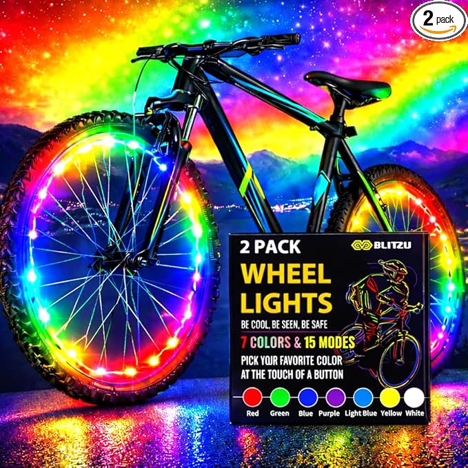 BLITZU Bike Wheel Lights, Bicycle Spoke Decorations Light for Night Riding, 2-Tire Pack 7 Colors in 1 Fun Bright Patterns, Disco LED Safety Strip Light, Bike Accessories for Kids, Boys, Girls, Adults