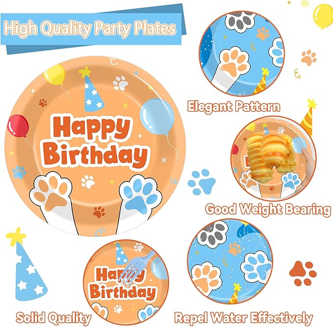 Justforjoyful 96Pcs Blue Dog Happy Birthday Party Supplies Cartoon Puppy Paper Plates and Napkins Disposable Paw Tableware Dinnerware Set for Kids Dogs Parties Decorations Favors Baby Shower Serve 24