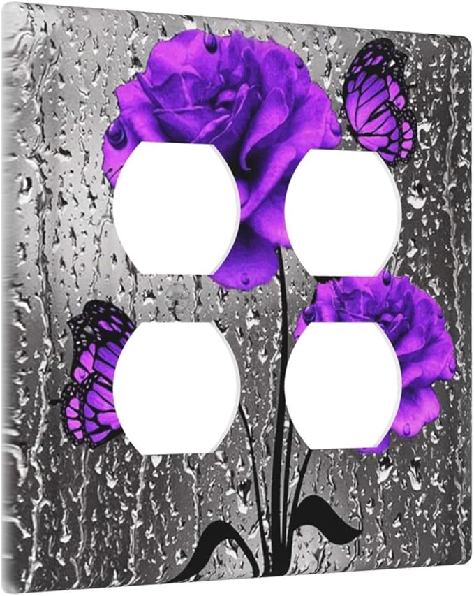 Fashion Purple Gray Blossom Flower Floral Art 2-Gang Device Duplex Wall Plate, Fashion Woman Love Grey Lady Rose Decorative Two Gang Double Duplex Receptacle Socket Outlet and Light Switch Cover Plate