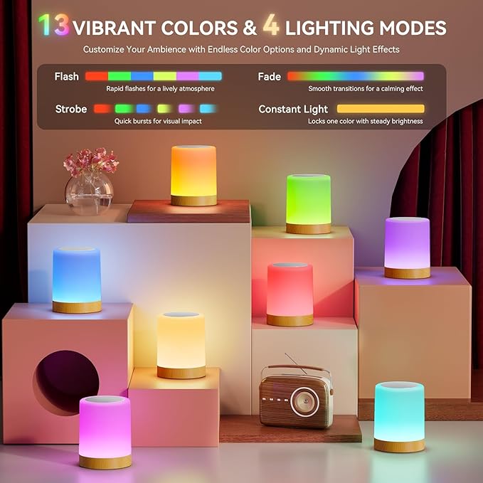 Auxmir LED Night Light Bedside Lamp Touch and Remote Control Dimmable Tabletop 13 Colors Changing 5 Brightness Adjustable Rechargeable Portable Lamp for Baby Kids Bedroom Living Room Outdoor Camping