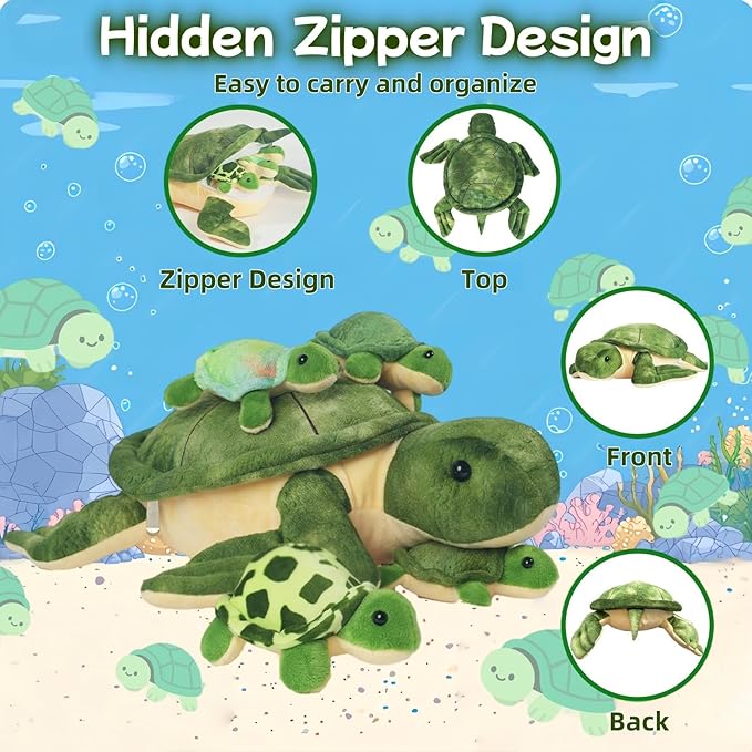 5 Piece Sea Turtle Stuffed Animal with Babies, 12'' Mommy Stuffed Turtle Plush Pillow Toy with 3 Baby Turtles Surprise Tortoise Plushies Toys for Kids Toddler Birthday Party Favors