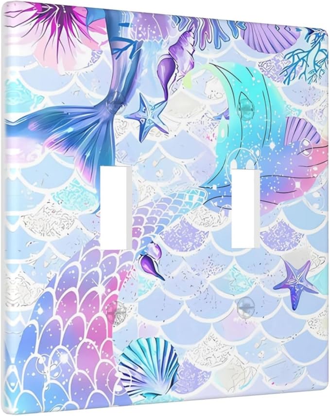 Mermaid Girl Light Switch Cover Plates Decorative 2 Gang Double Toggle Wall Plate Electrical Switchpalte Faceplate for Kid Bedroom Home Bathroom Decor 4.5" x 4.5"