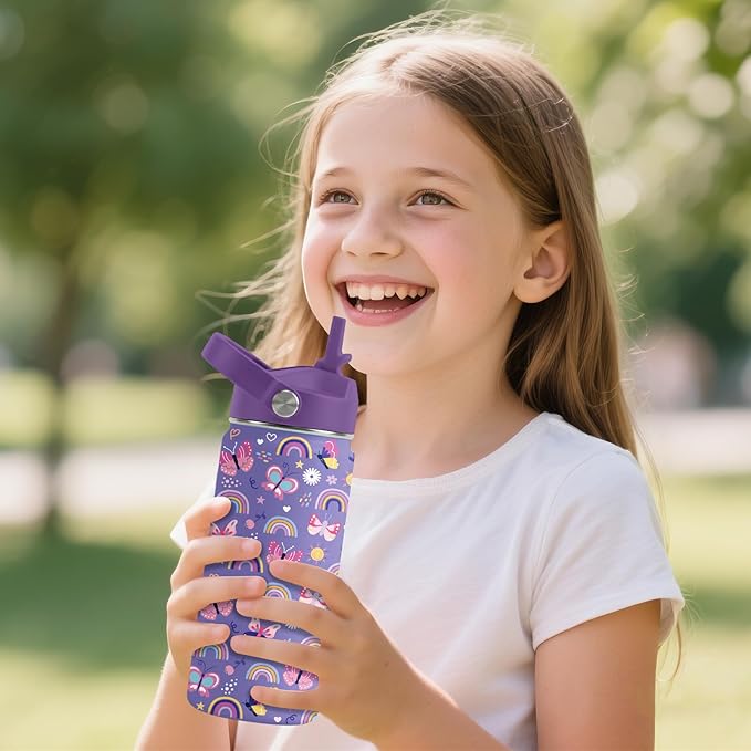 Butterfly Gifts - 16oz Purple Kids Water Bottle with Straw Lid, Stainless Steel Insulated Tumbler, Leakproof, BPA-Free, for Girls, School, Travel - Butterfly Rainbow Themed Birthday Gift Cup (1pc)