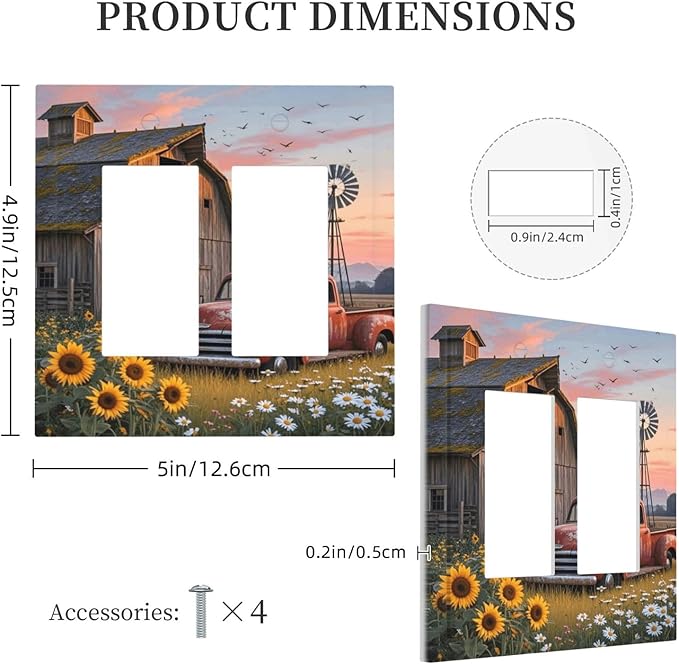 Rustic Barn Red Truck Windmill Sunflower Decorative Outlet Covers 2 Gang Double GFCI Rocker Electrical Wall Panels Light Switch Cover Plate for Farmhouse Home Decor