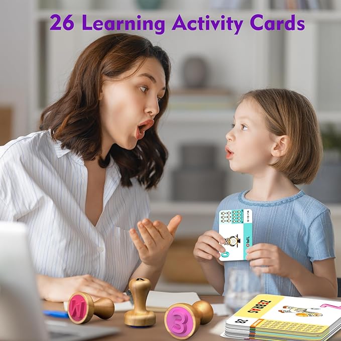 flycoost Wooden Alphabet Stamps & Number Letter Stamps for Kids - Montessori Learning Toys with Flashcards, ABC Spelling & Math Games for 3 4 5 Year Olds, Classroom Art Crafts Preschool Supplies