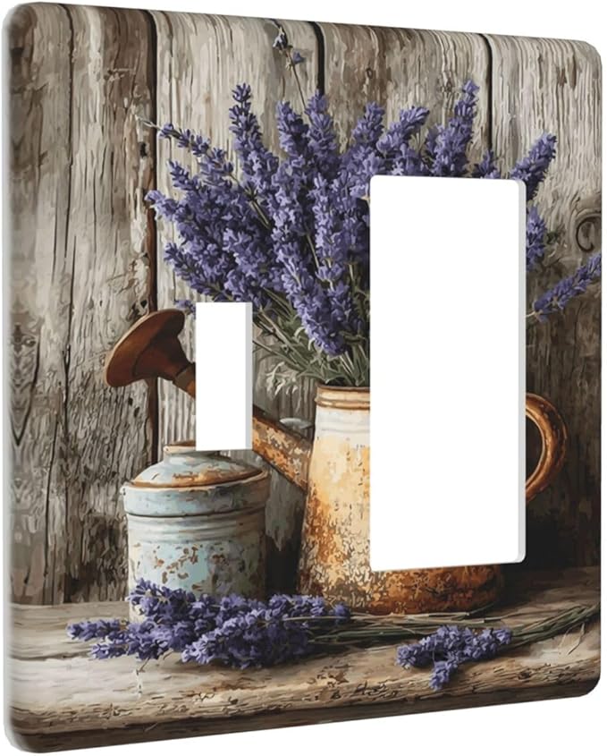 Rustic Flowers Lavender Purple Floral Oil Painting Outlet Covers 1 Toggle 1 Rocker Combination Decorative Wall Plate Electrical Switch Plates Light Switch Cover Plate for Farmhouse Bedroom Decor