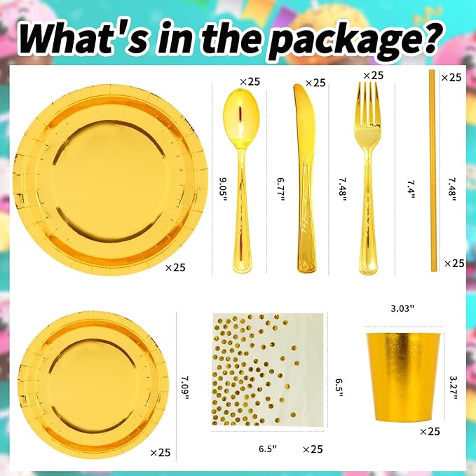 200 PCS Gold Disposable Party Supplies, Disposable Party Tableware Set with Gold Paper Plates, Paper Cups, Napkins, Plastic Knives, Forks and Spoons （25 Guests）