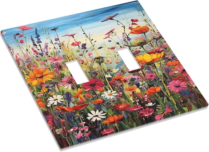 Colorful Wildflowers Painting Floral Flower Decorative Switch Plates 2 Gang Double Toggle Outlet Light Switch Cover Wall Plate Electrical Faceplate for Bedroom Living Room Decor