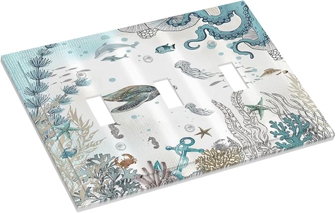 Sea Turtle Octopus Ocean Underwater Animal 3 Gang Light Switch Covers Decorative Unique Triple Toggle Wall Plate Electrical Faceplate Switchplate for Kitchen Bathroom Bedroom Home Decor