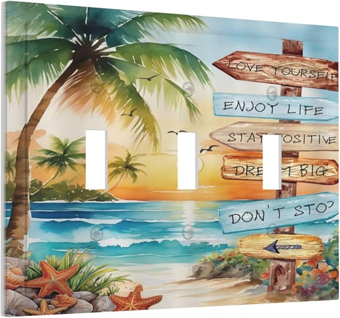 Tropical Beach Palm Tree Summer Coastal Ocean Sunset Decorative Switch Plates 3 Gang Wall Plate Triple Toggle Light Switch Cover Faceplate Electrical Wall Panels for Bedroom Living Room Decor