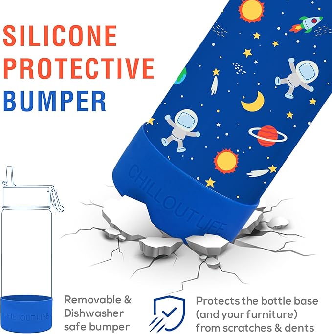 CHILLOUT LIFE 17 oz Kids Insulated Water Bottle for School with Straw Lid Leakproof and Cute Waterproof Stickers, Personalized Stainless Steel Thermos Flask Metal Water Bottle, Blue Space