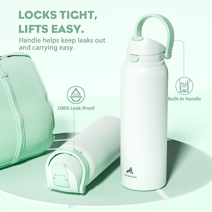 POWCAN 40 oz Metal Water Bottle with Straw for School: One-hand Push Button Lid, Leakproof, Keep Cold 24Hrs, BPA-Free, Insulated Stainless Steel Flask for College, Sports, Gym, Workouts (Mint Green)