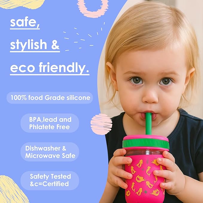 Sursip Toddler Glass Sippy Cups, Kids Baby 12 oz Spill-Proof Water Tumbler with Straw and Lids, Smoothie Snack Mason Jar For Travel School or At Home, 4 Packs