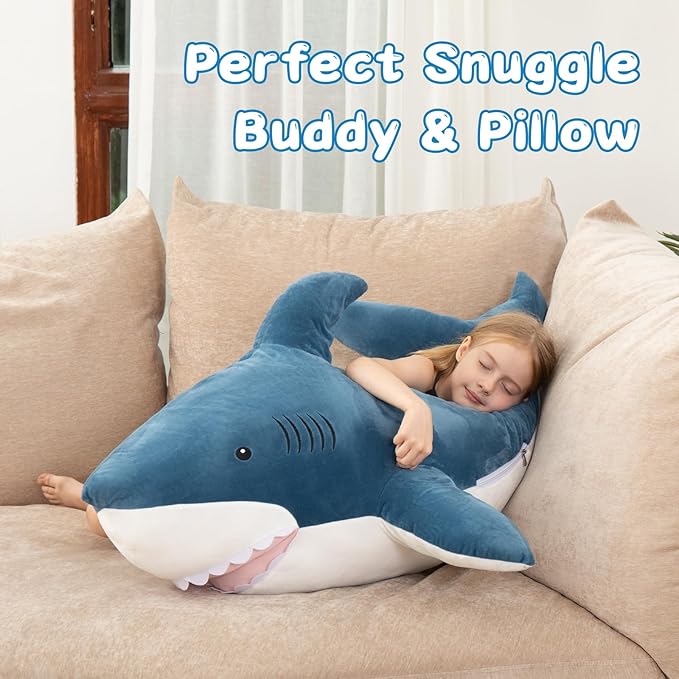 MorisMos 51inch Giant Shark Stuffed Animal, Large Shark Plush Toy Pillow Gift for Kids, Girlfriend, Blue