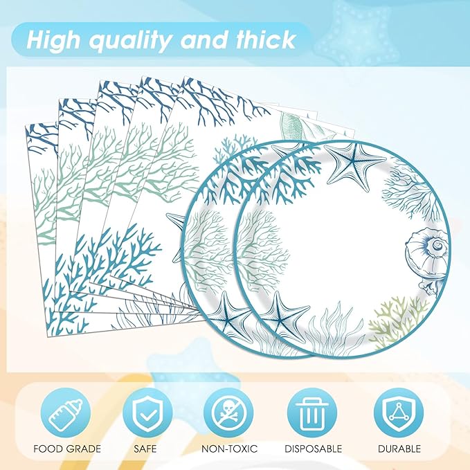 41Pcs Ocean Seashell Party Supplies Kit,Coastal Beach Disposable Party Tableware Decorations,Starfish Coral Paper Plates Napkins and tablecloth for Kids Summer Birthday Baby Shower, Serves 20