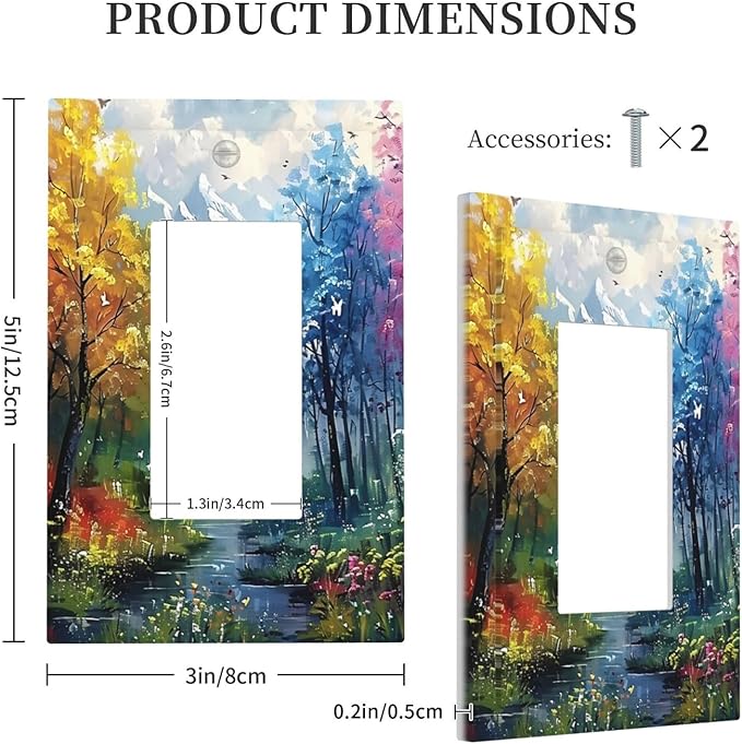 Colorful Forest Snow Mountain River Oil Painting Style Decorative Outlet Covers 1 Gang Single Rocker Light Switch Cover Plate Wall Plates GFCI Faceplate for Bedroom Living Room Decor