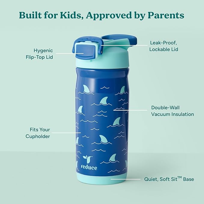 Reduce Hydrate Pro Kids 14oz Stainless Steel Insulated Water Bottle w/Straw – Spill Proof Tumbler for Kids – 30 Hour Cold Retention – Dishwasher Safe Leak-Proof Design - Shark Bait