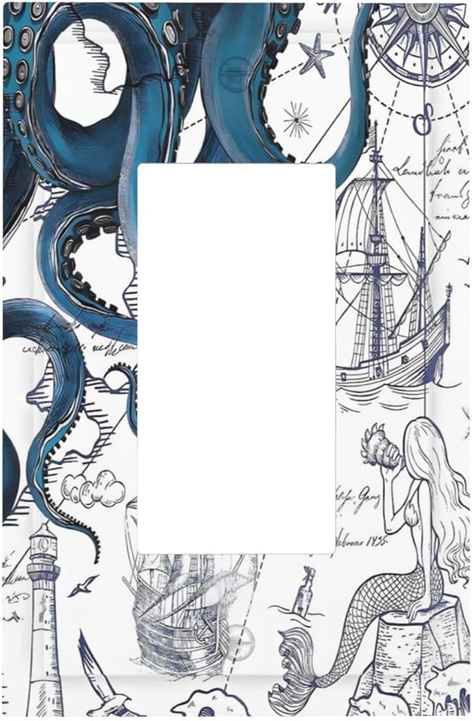 Nautical Vintage Map Octopus Mermaid Lighthouse Boat Decorative Outlet Covers 1 Gang Single Rocker Light Switch Cover Plate Wall Plates GFCI Faceplate for Bathroom Kids Room Decor