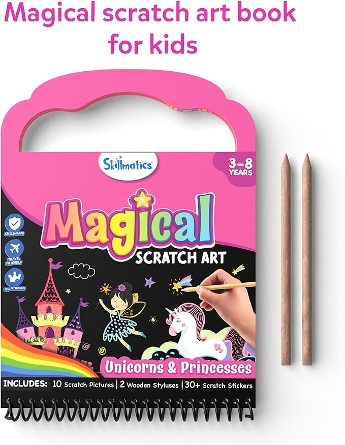 Skillmatics Scratch Art Book for Kids - Unicorns & Princesses, Craft Kits & Supplies, 30+ Scratch Stickers, Travel Toys, DIY Kit, Gifts for Girls & Boys Ages 3, 4, 5, 6, 7, 8
