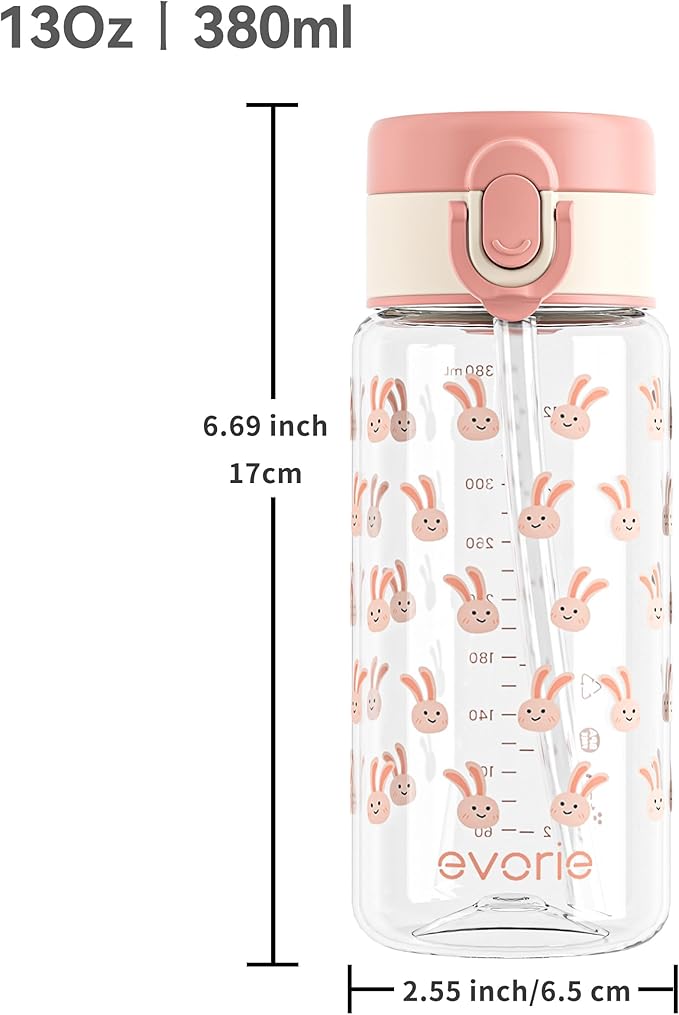 Evorie Tritan Kids Water Bottle with Straw, 13oz BPA-Free Leak Proof Drinking Bottle for School & Travel, Clear Water Bottle with Carry Strap, Dishwasher Safe, for Kids Ages 3+ (Pink Rabbit)