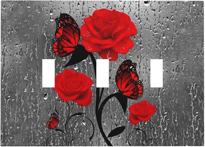 Butterfly Red Rose Flower 3 Gang Triple Toggle Light Switch Wall Plate Cover Decorative Electrical Faceplate For Girls Bathroom Home Living Room Decorate 6.7" x 4.8