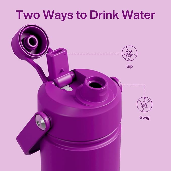 Kids Insulated Water Bottle with Straw - 12oz Stainless Steel Water Bottle with Dual Spouts, Leak-Proof, BPA-Free, Double Wall Vacuum Keeps Cold for 24 Hours for Sports, Travel (Bright Magenta)