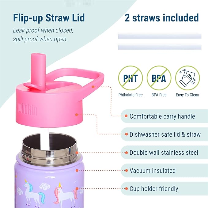 Wildkin Kids 18oz Stainless Steel Water Bottle – BPA-Free, Leakproof, Insulated, Easy-Clean - Unicorn
