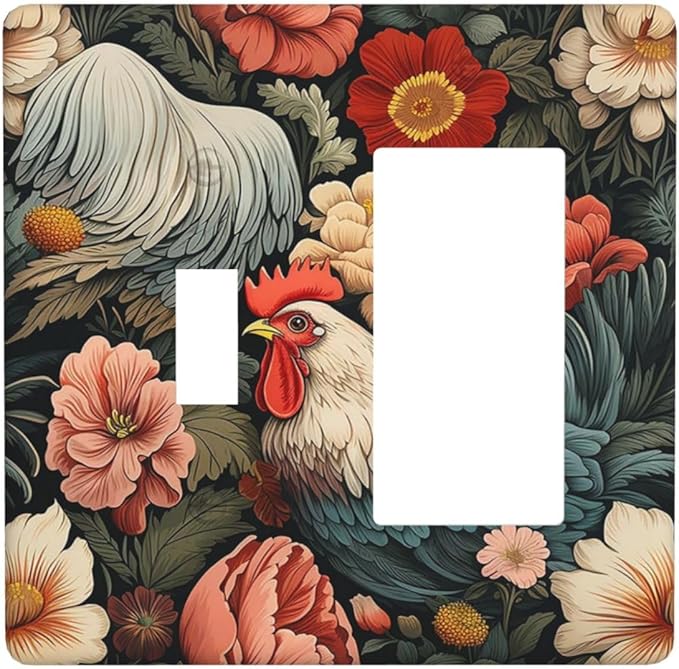 Outlet Covers Rooster Flowers Red White Chicken Floral 1 Toggle 1 Rocker Combination Decorative Wall Plate Electrical Switch Plates Light Switch Cover Plate for living Room Farmhouse Decor