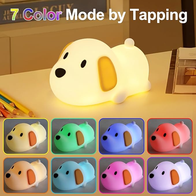 Dog Night Light & Lamp for Kids - Squishy Silicone Lying Puppy, Dimmable and 7 RGB Colors, Switchable Animal Sound, Portable Rechargeable BPA-Free, Gift for Children/Teens/College Students/Girlfriends