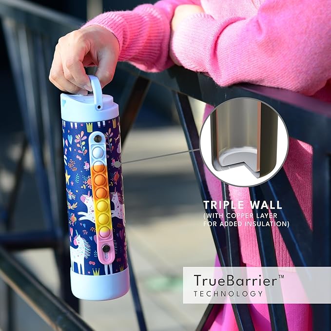 Elemental Iconic Kids Water Bottle for School - 100% Leak-Proof Insulated Water Bottles with Straw Lid & Pop-It Handle for Boys & Girls - Triple-Wall Insulated & BPA-Free, 20oz – Unicorn