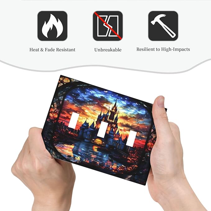 Medieval Fantasy Castle Magic Academy Decorative Switch Plates 3 Gang Wall Plate Triple Toggle Light Switch Cover Faceplate Electrical Wall Panels for Kids Room Bedroom Decor