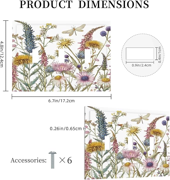 Light Switch Cover Plate Botanical Wildflowers Dragonfly Colorful Floral 3 Gang Triple Toggle Decorative Switch Plates Wall Plates Electrical Switchplate Faceplate for Bathroom Bedroom Decor