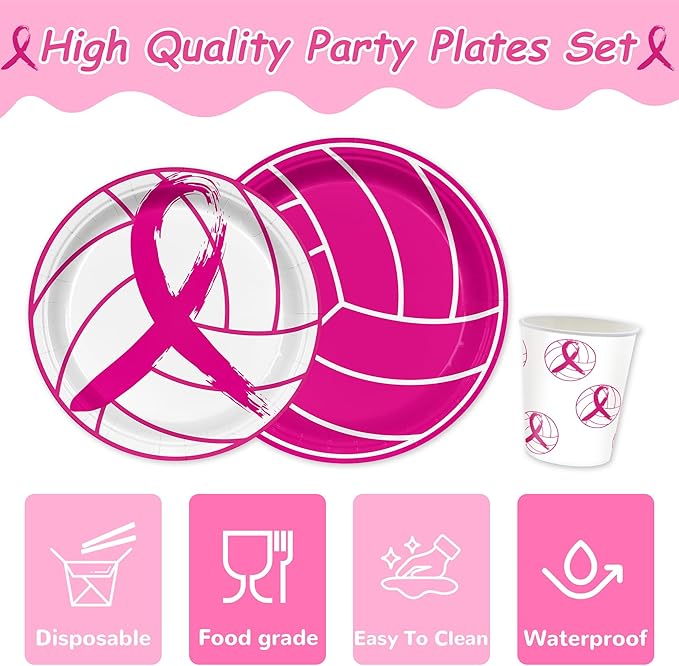 168 PCS Pink Volleyball Party Supplies Serves 24, Disposable Tableware Set with Plates Napkins Cups Cutlery Straws, Sports Birthday & Breast Cancer Awareness Decorations