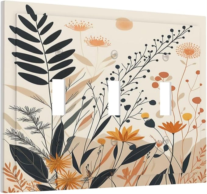 Light Switch Cover Plate Minimalist Floral Boho Botanical Wildflowers 3 Gang Triple Toggle Decorative Switch Plates Wall Plates Electrical Switchplate Faceplate for Bathroom Bedroom Decor