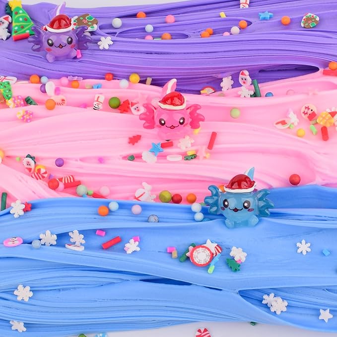 3 Pack Christmas Butter Slime Kit, Scented Axolotl Slime with Pink, Blue, Purple Axolotl Charms, Soft, Non-Sticky, Goodies Bag Toy for Christmas Party Favors