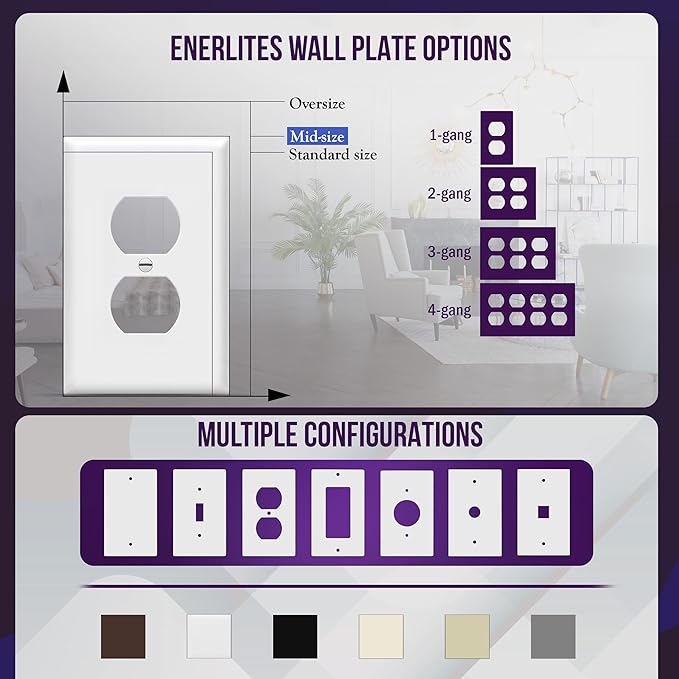 ENERLITES Mid-Size Duplex Receptacle Outlet Wall Plate, Electrical Outlet Covers Plates, Midway Size 1-Gang 4.88" x 3.11", Polycarbonate Thermoplastic, UL Listed, 8821M-W-10PCS, White (10 Pack)