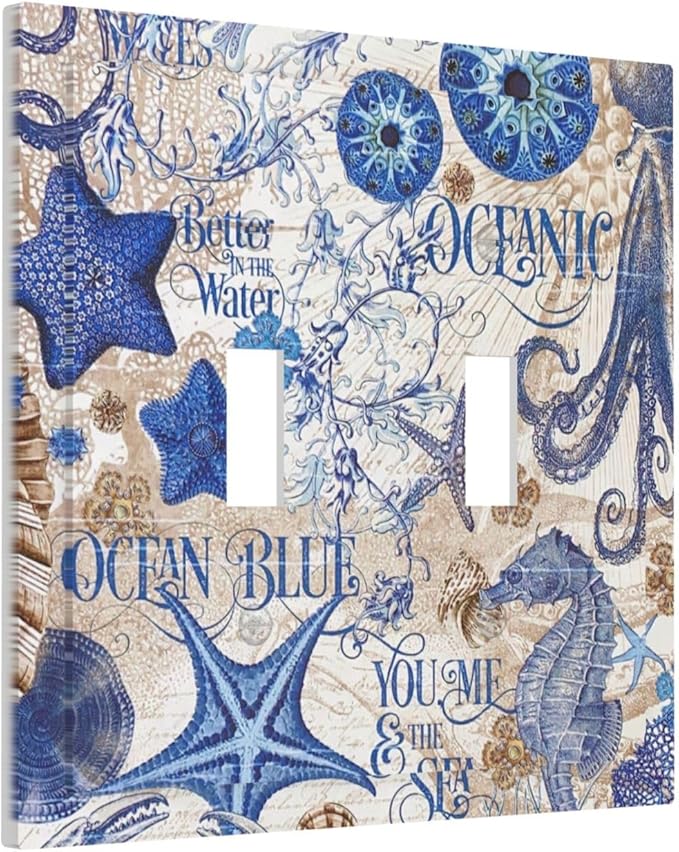 Decorative Switch Plates Vintage Sea Blue Seahorse Starfish Octopus 2 Gang Double Toggle Outlet Light Switch Cover Wall Plate Electrical Faceplate For Kids Room Home Decor