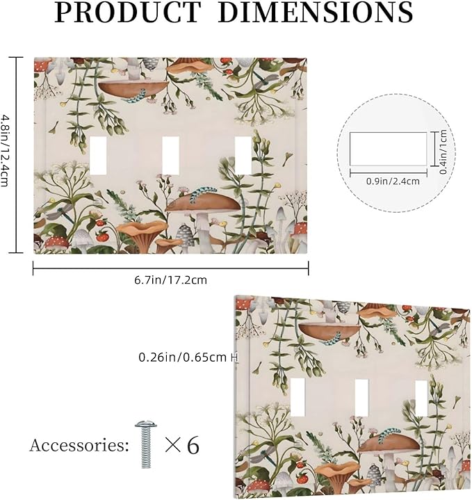 Boho Mushroom Forest Plants Wildflowers Insects Decorative Switch Plates 3 Gang Wall Plate Triple Toggle Light Switch Cover Faceplate Electrical Wall Panels for Kids Room Home Decor