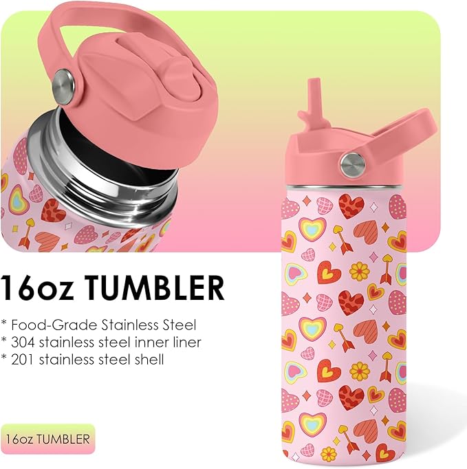 Heart Gifts for Kids - 16 Oz Kids Water Bottle with Straw Lid, Stainless Steel Insulated Tumbler, Leak Proof, BPA-Free, for Girls, School, Travel - Heart Pattern Children Birthday Gifts Cups(1pc)