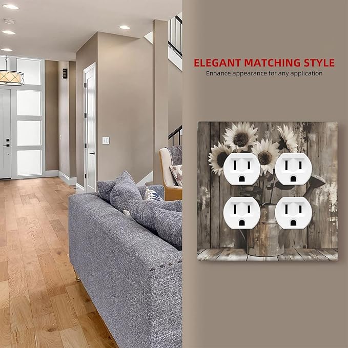 Rustic Floral Country Sunflower Daisy Old Wooden Boards Outlet Covers 2 Gang Double Duplex Decorative Light Switch Covers Electrical Wallplates Socket Faceplate for Farmhouse Home Decor