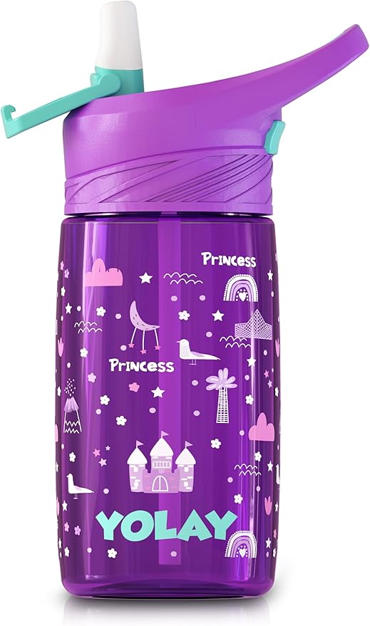 YOLAY 15oz Kids Water Bottle For School Boys and Girls, Durable Toddler Water Bottle with Straw Lid Leak-Proof, Spill Proof, Easy Clean and Dishwasher Safe with Re-Usable and BPA Free - Princess