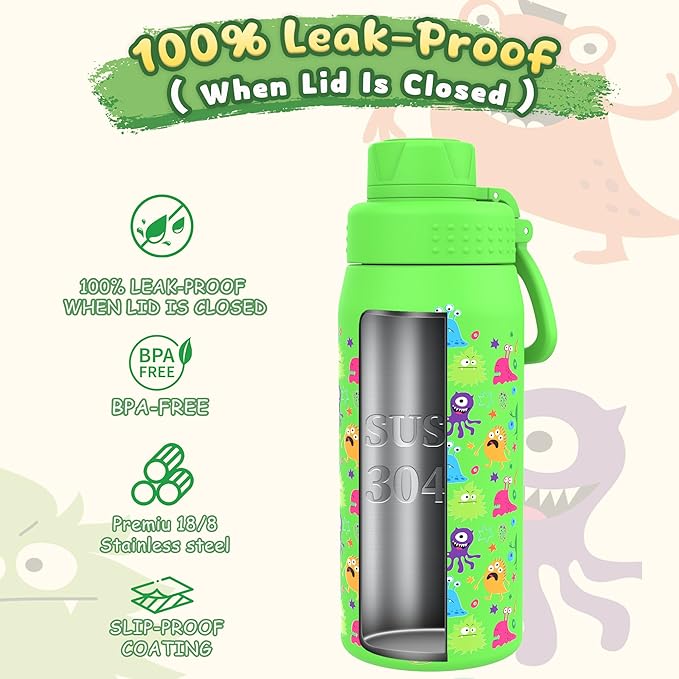 GOPPUS 19oz Kids Water Bottle with Spout Lid, Toddler Water Bottle, Stainless Steel Insulated Water Bottle, Leakproof, BPA Free, Suitable for Boys and Girls for School（Monsters）