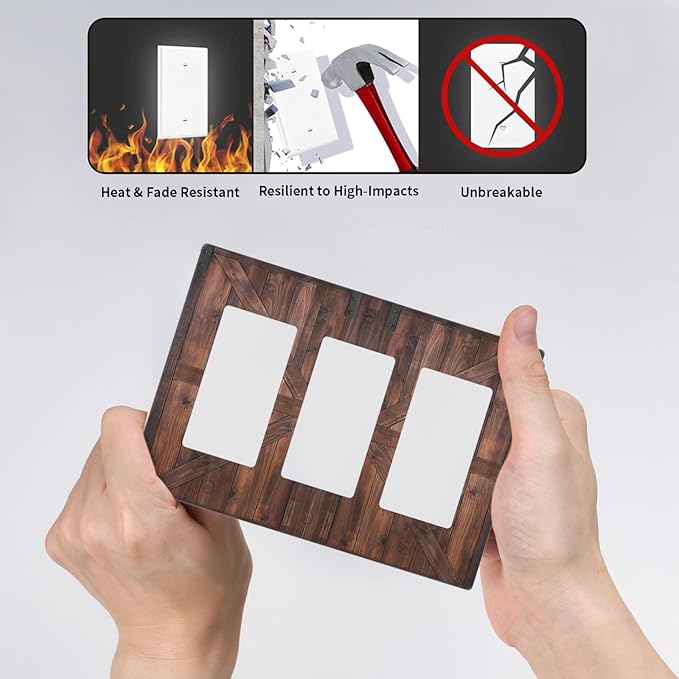 Decorative Outlet Covers Rustic Barn Doors Vintage Brown Wood Plank 3 Gang Light Switch Cover Plate Triple Rocker Wall Plates for Electrical Outlets Switch Plate Covers for Bedroom Home Decor