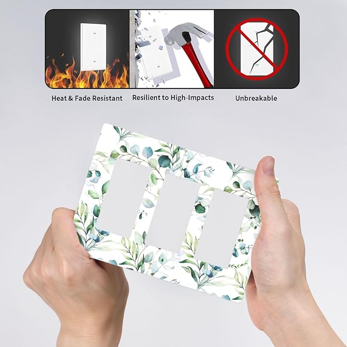 Decorative Eucalyptus Leaves Triple Decorator Light Switch Cover 3-Gang Screwless, Spring Summer Olive Green Sage Leaf Three Gang GFCI/Rocker Device Wallplate Electrical Faceplate Switchplate Dimmer