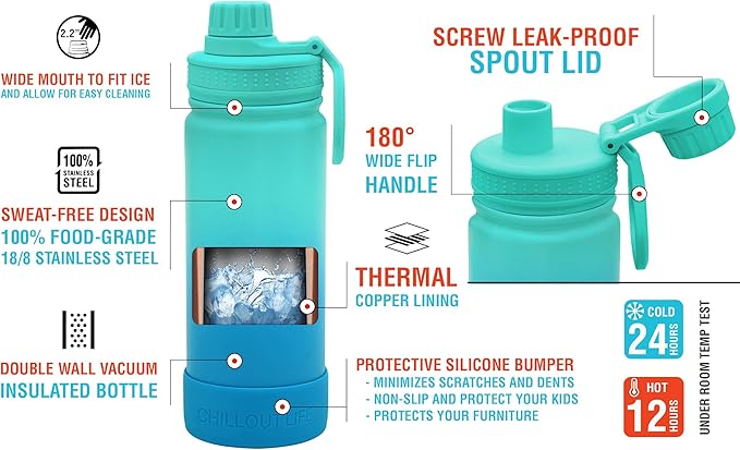 CHILLOUT LIFE 17 oz Kids Insulated Water Bottle for School with Leakproof Spout Lid and Cute Waterproof Stickers, Personalized Stainless Steel Thermos Flask Metal Water Bottle for Girls & Boys
