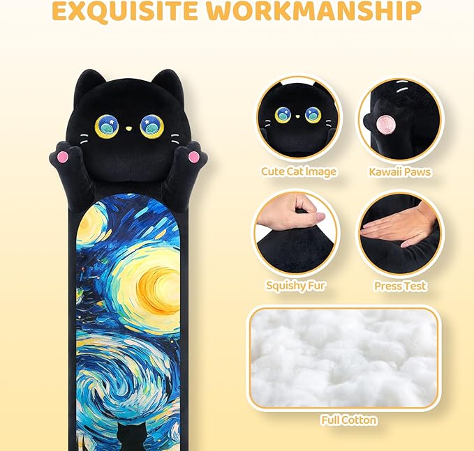 Mewaii Long Cat Plush 5 Sizes, 120% Extra Filling Giant Plushness Kids Body Pillow, Kawaii Cute Black Starry Cat Stuffed Animals Plushies, Big Long Body Pillow Plush Gift for Girls 53”