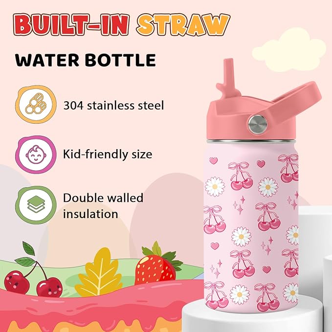 Cherry Gifts for Girls - 12oz Pink Water Bottle with Straw Lid, Stainless Steel Insulated Tumbler, Leakproof, BPA-Free, for Women, Travel - Cherry Lovers Birthday Gift Cup (1pc)