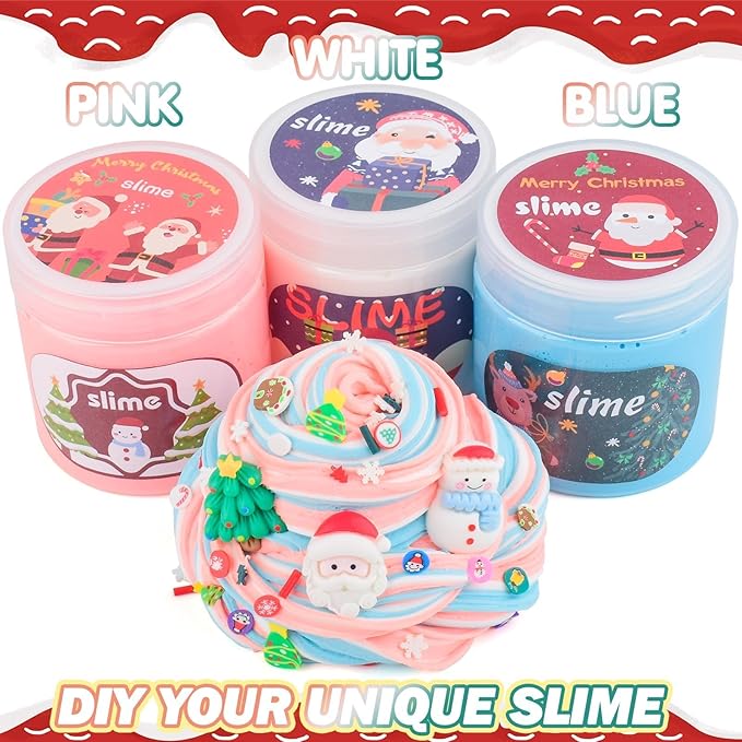 3 Pack Christmas Butter Slime Kit for Kids, Scented Slime with Santa Claus, Snowman, Christmas Tree Charm, Soft, Non-Sticky, Goodies Bag Toy for Party Favors, Birthday Gifts for Girl Boy