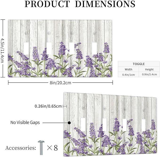 Rustic Wooden Plank Lavender 4 Gang Wall Plate Quad Toggle Light Switch Cover Decorative Outlet Covers Electrical Light Switches Faceplate for Bedroom Bathroom Kitchen Decor
