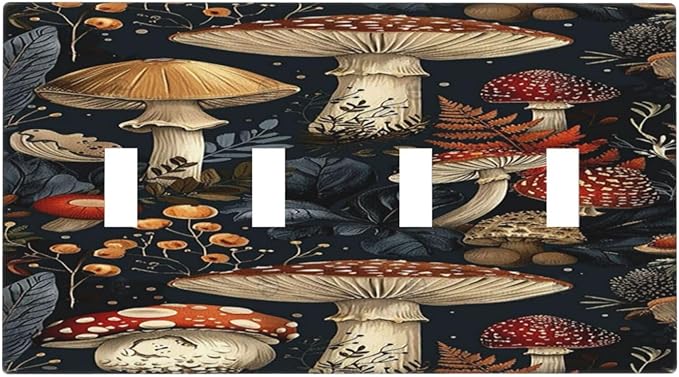 Light Switch Cover Plate Vintage Mushroom Floral 4 Gang Quad Toggle Wall Plate Electrical Outlet Cover Decorative Switch Plate Covers for Bedroom Kids room Decor